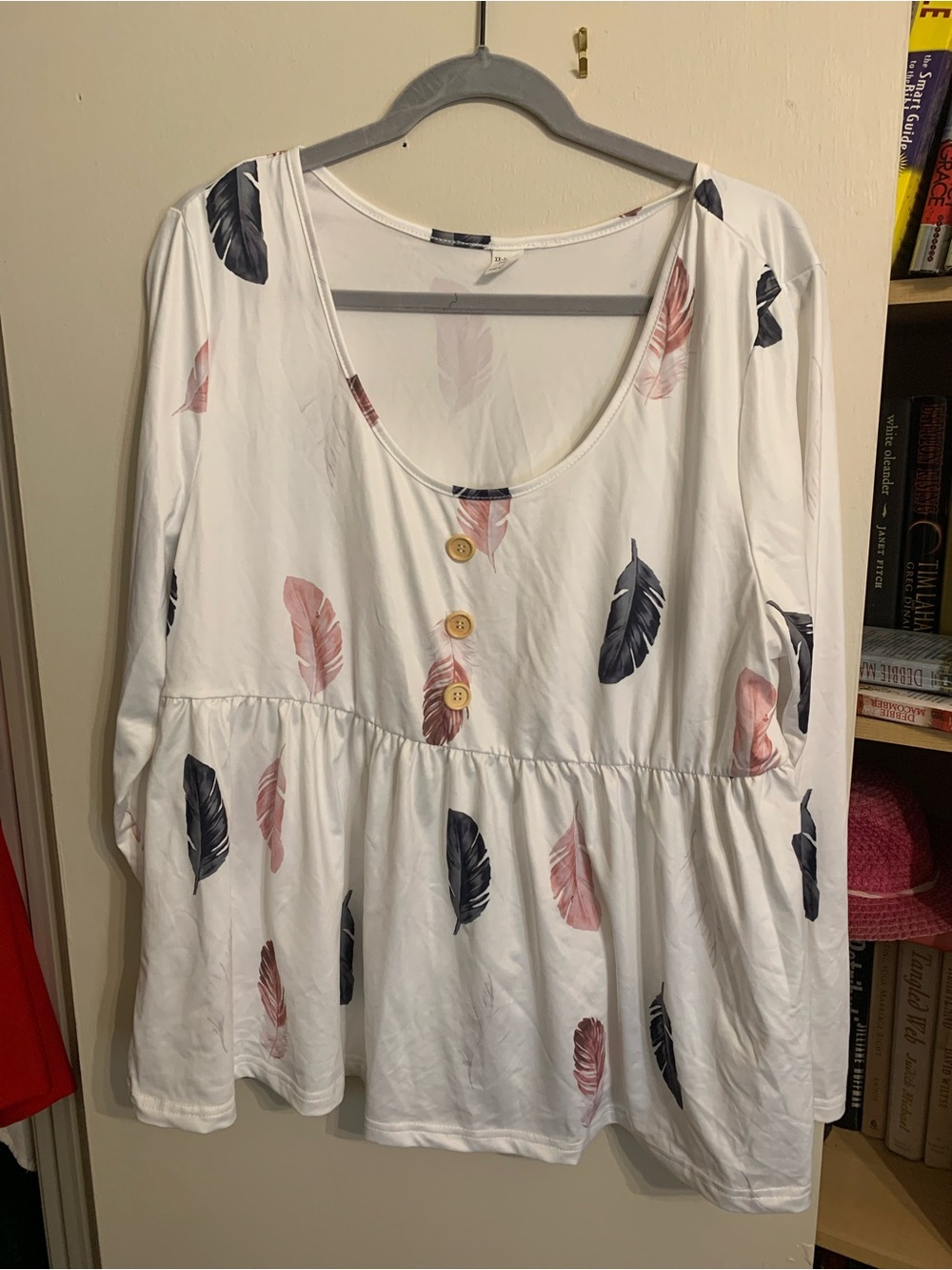 Women's White Scoop Neck Peplum Tunic with Pink & Navy Feather Print